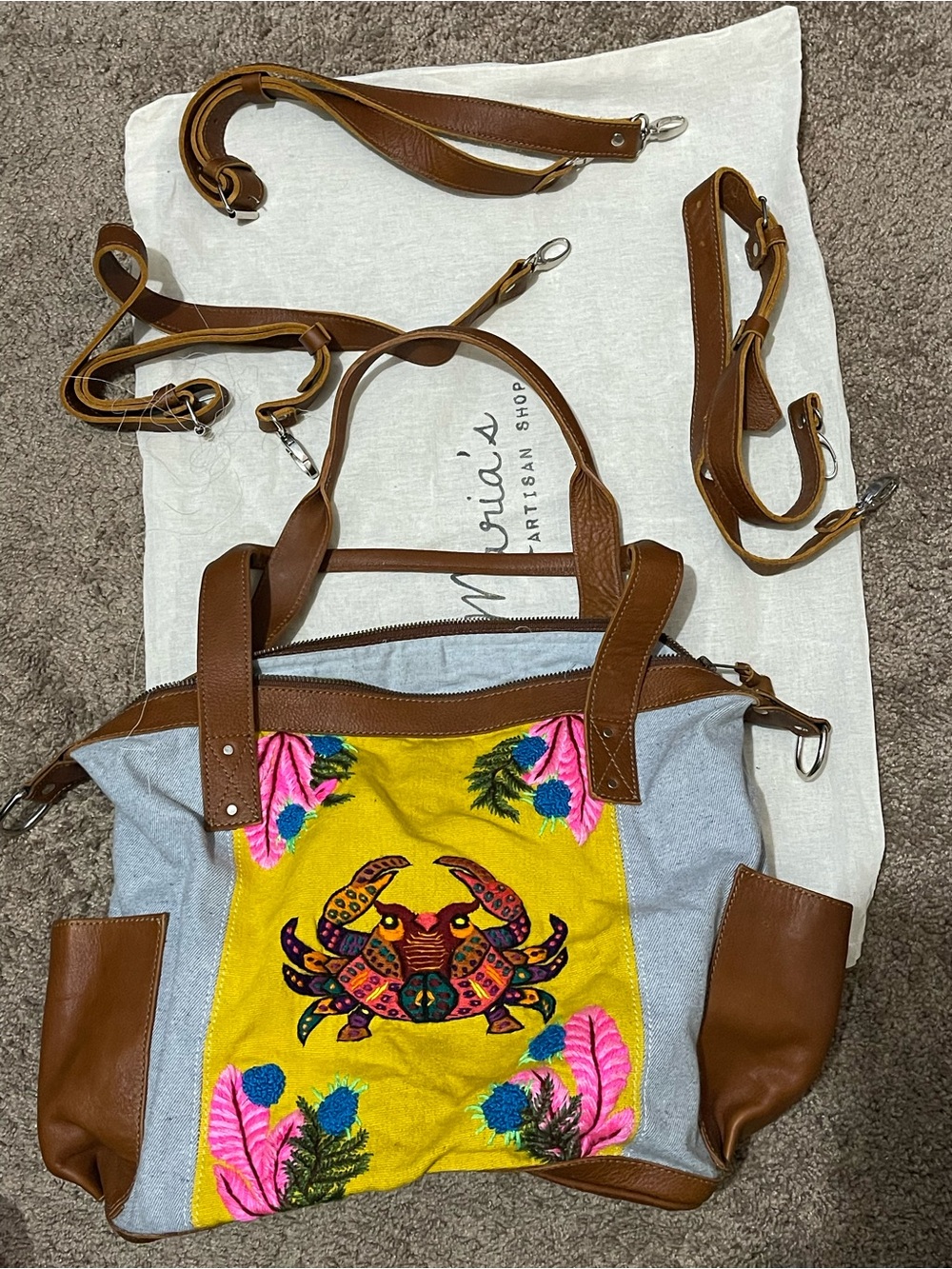 Embroidered Crab tote/bavkpack- Yellow Canvas with Brown Leather Handles